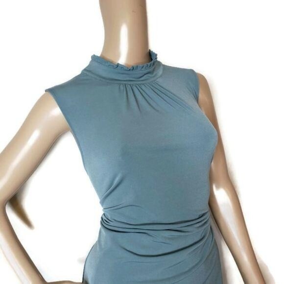 Karl Lagerfeld Paris NWT Womens Blue Sleeveless High-Neck Ruched Blouse L - Picture 5 of 10